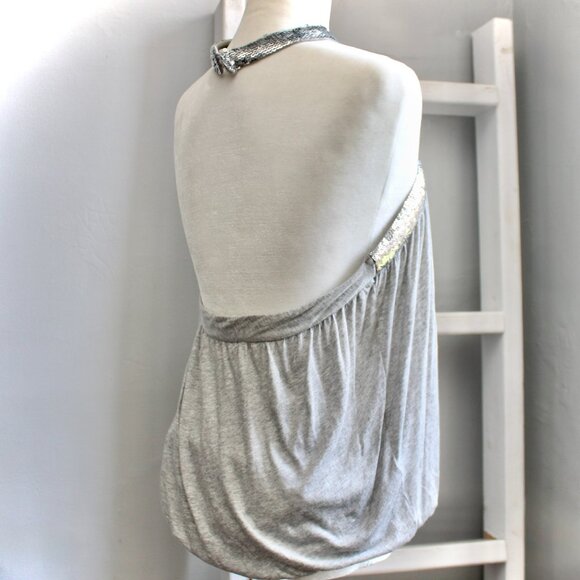 Express Vintage Y2K Gray & Silver Sequin Open-Back Halter Top Size Large - Picture 3 of 5